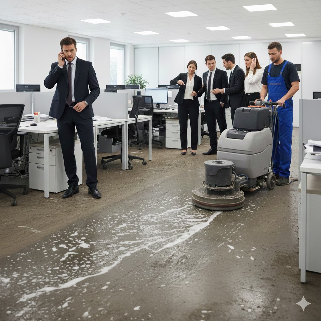 Un bureau en plein nettoyage avec un agent qui utilise une grosse monobrosse pour récupérer un sol encrassé par un nettoyage hebdomadaire médiocre et trop rapide
